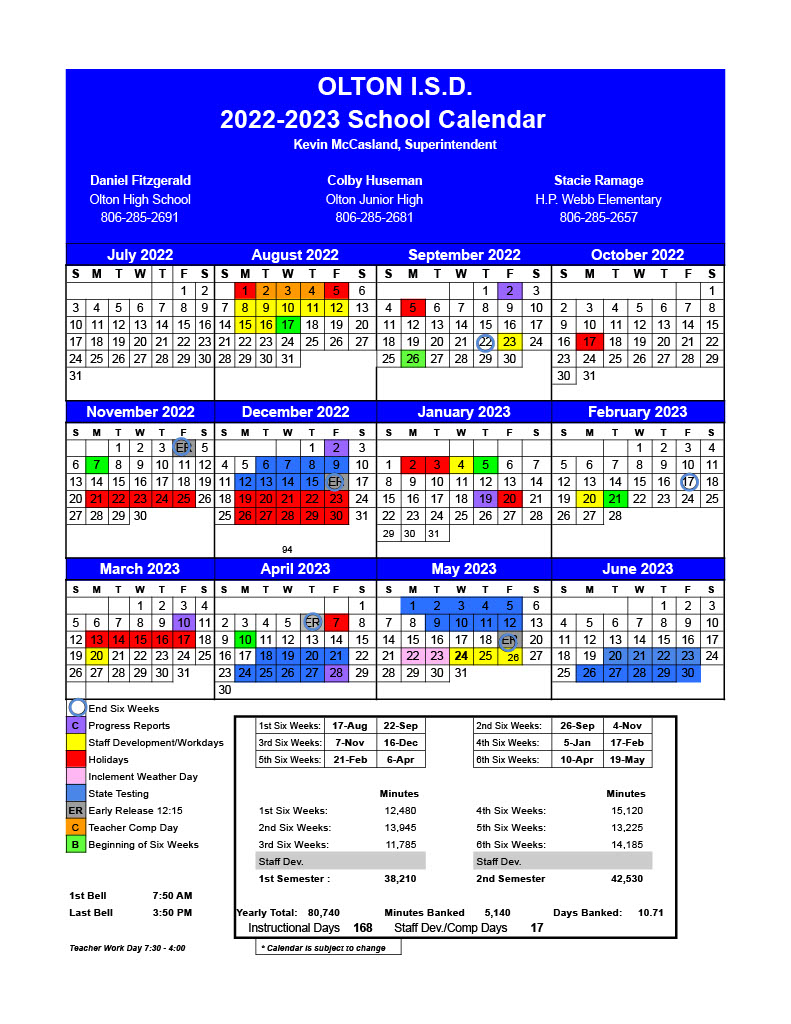 Olton Independent School District Calendar 2022 and 2023